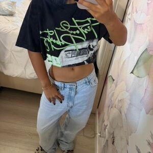 Brandy Melville Black Crop Tee with Neon Green Graphic